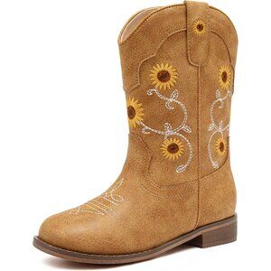 ⚡Girls Light Brown Floral Embroidered Cowgirl Boots Western Square Toe Mid Calf